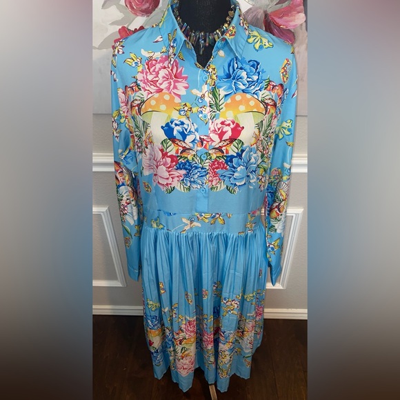 Blue Floral Collared Bishop Sleeve Dress || Size 2XL - Picture 13 of 14